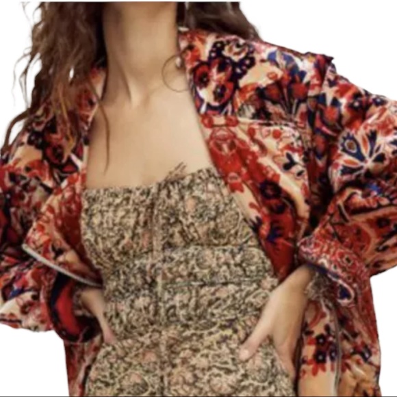 Free People Bailey Velvet Moto Sm Blue Red Floral Jacket Coat - Picture 2 of 6
